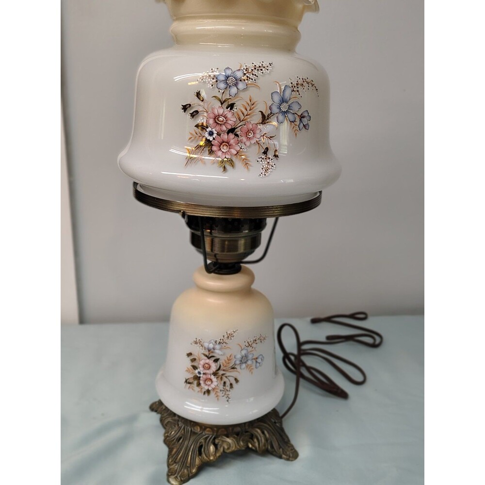 Vintage Floral Milk Glass Hurricane Lamp 3-Way Dual Light GWTW Style 19β